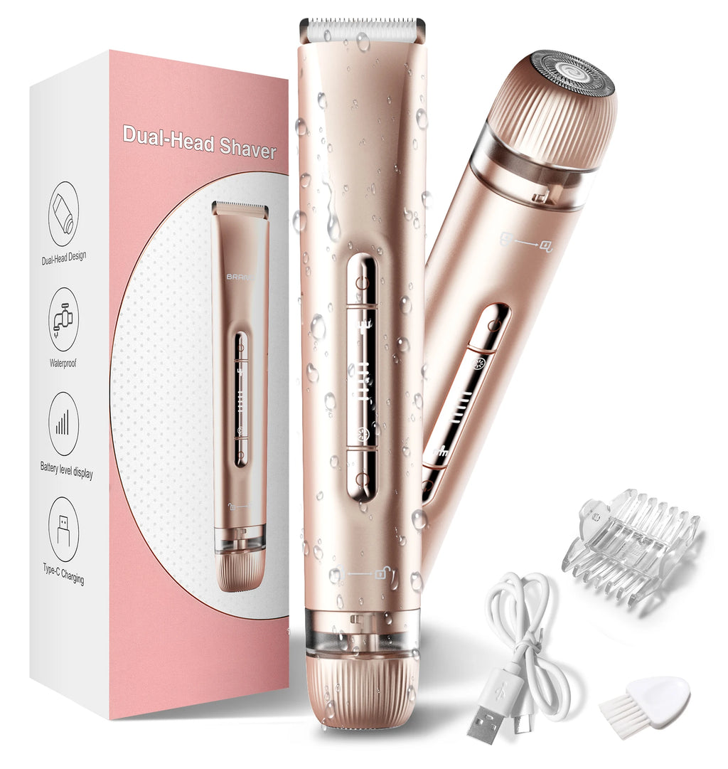 Bikini Trimmer for Women - 2 in 1 Electric Razors for Women - Dual Head Electric Shaver - IPX7 Waterproof Wet & Dry Use Body Hai